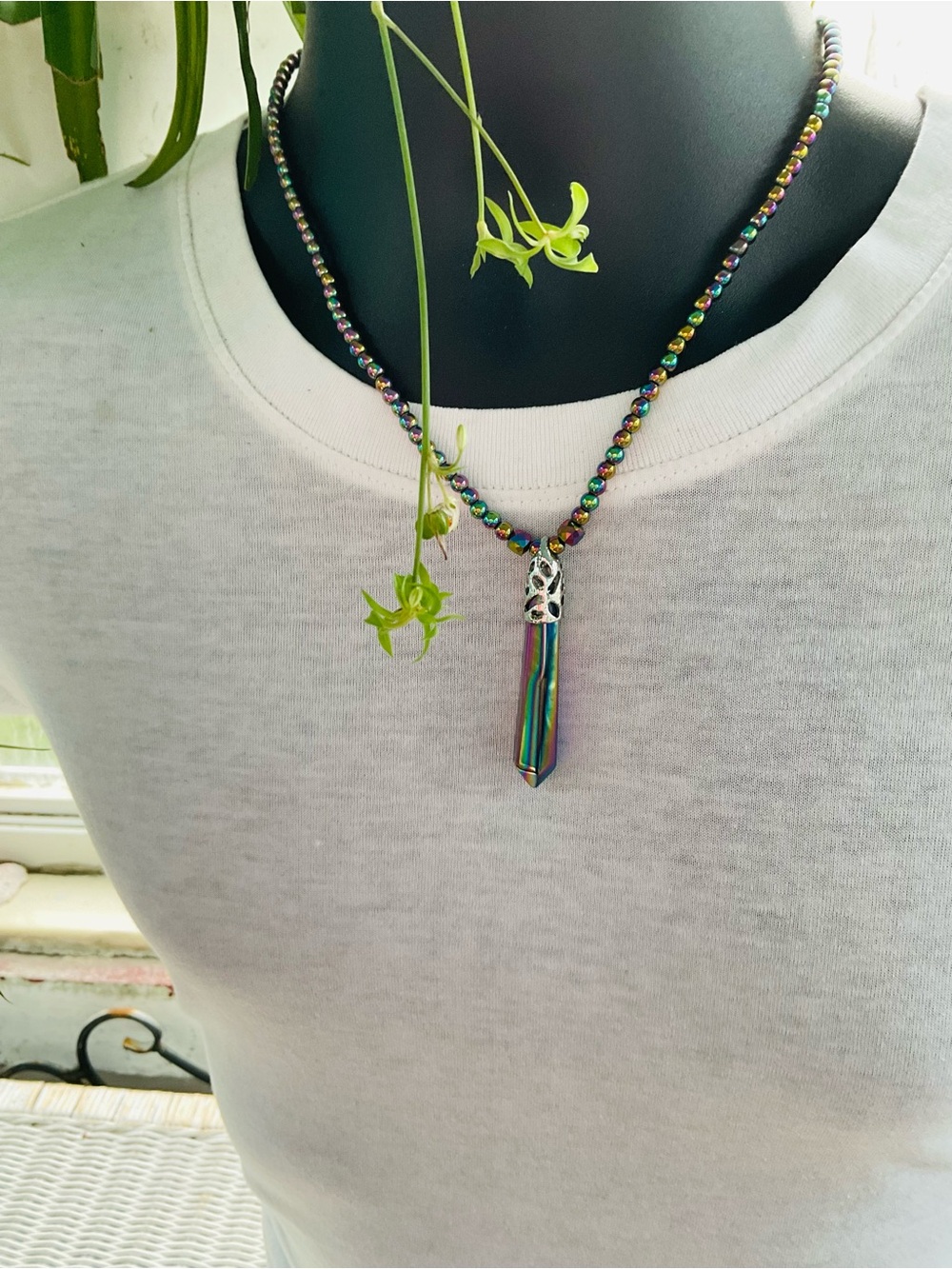 Men’s Hexagon Iridescent Hematite Pendant Necklace💜💚💙